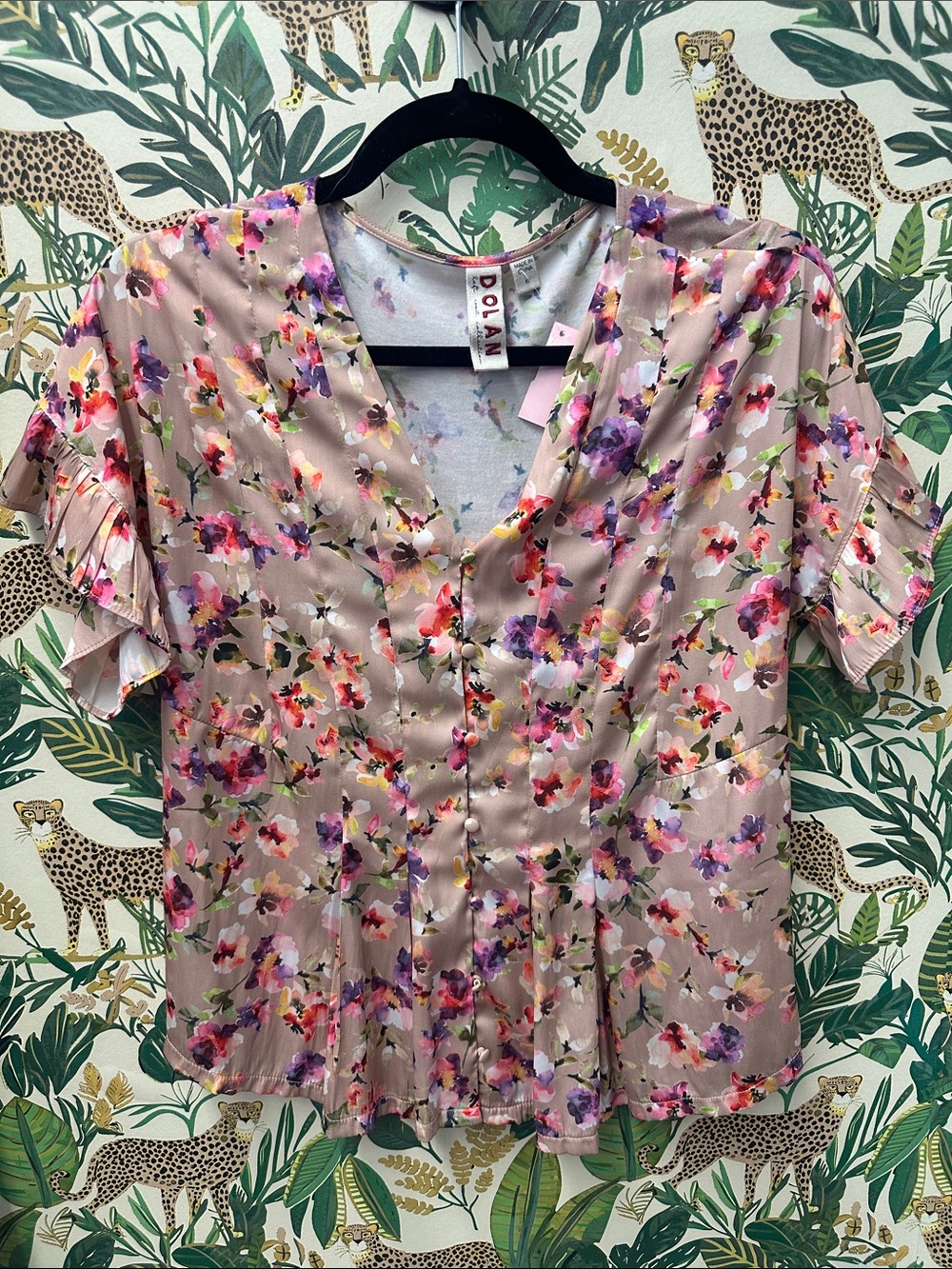 dolan Pink Floral Satin Button-Front Blouse